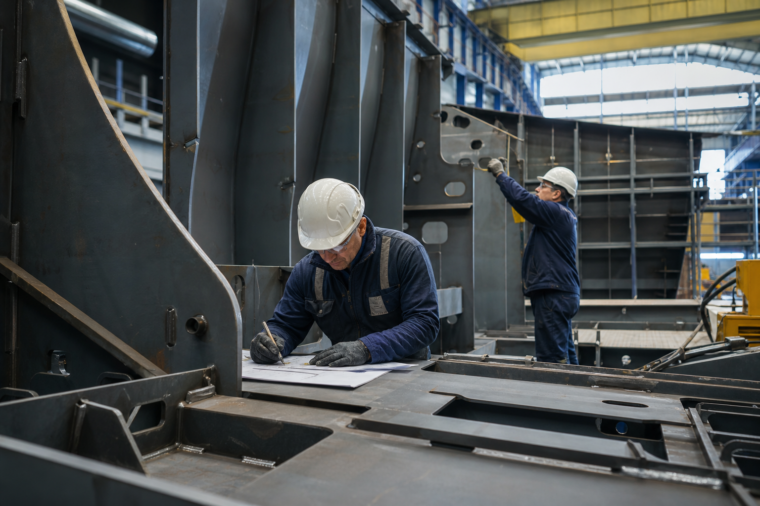 Ship fitter reviewing a technical drawing beside a hull section